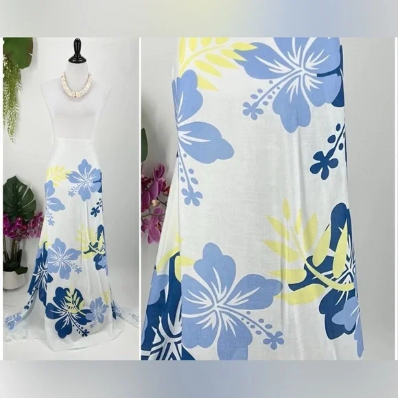White Blue Yellow Tropical Hibiscus MAXI SARONG Kīkepa Pareo Beach Wrap Skirt - Picture 3 of 4